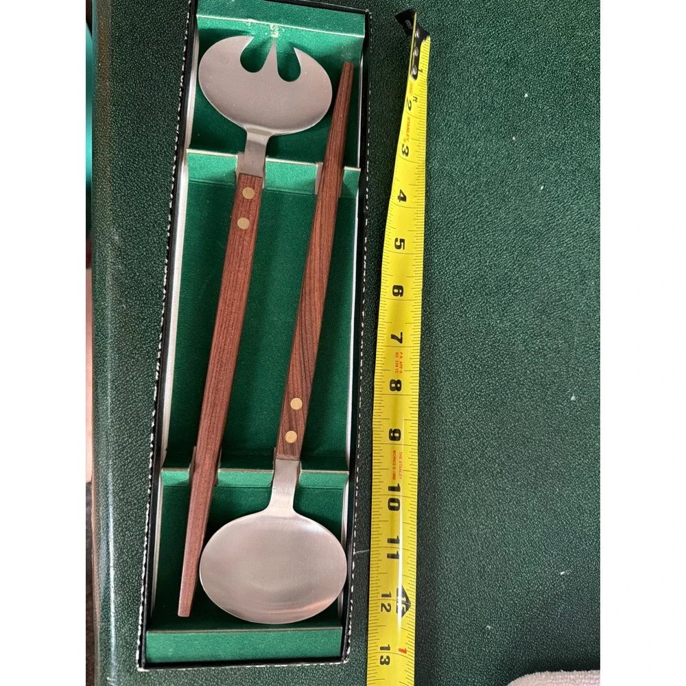 Vintage MCM Salad Serving Set Stainless Steel Wood Handle Japan 12.5‎ Inch 2pc